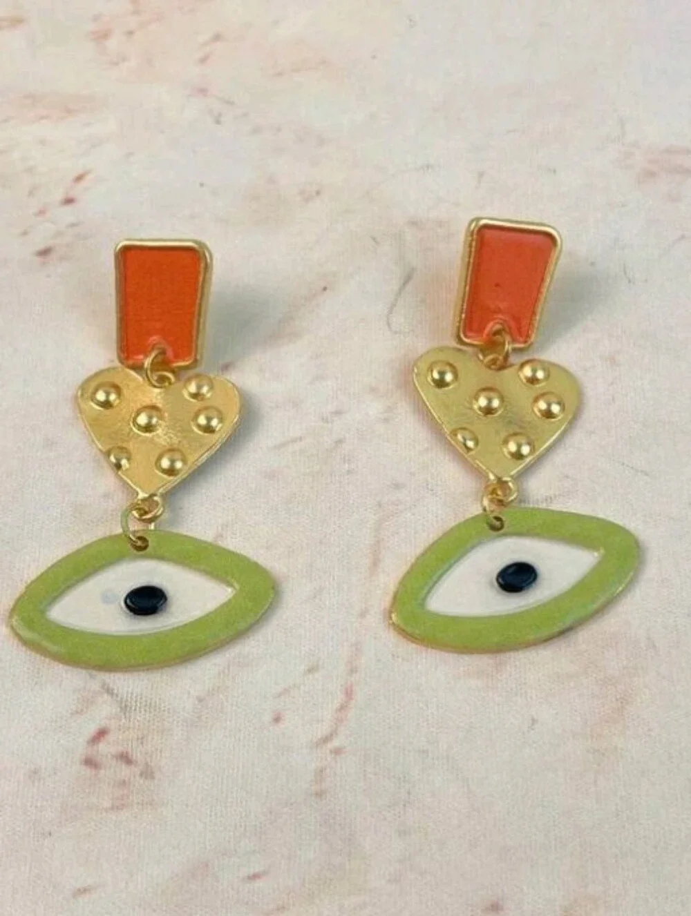 NEW! Unique Gold Heart & Green Evil Eye Drop Earrings - Orange Accents